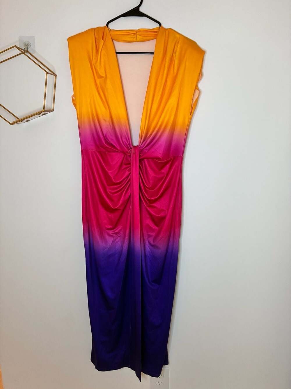 Women’s Ombre Midi Dress Size XL Orange Pink Purple Plunging V-Neck